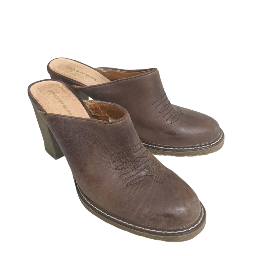 Roper Women's Brown Leather Western Cowgirl Slip On Mules Size 11 fits like a 10